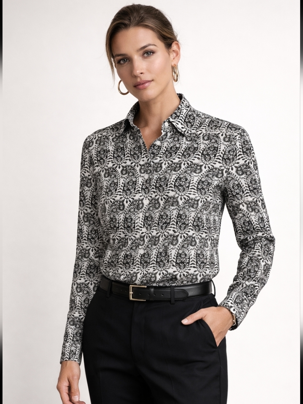 Talbots Black White Paisley Leaf Vine Motif Cotton Button Down Blouse Sz LgP